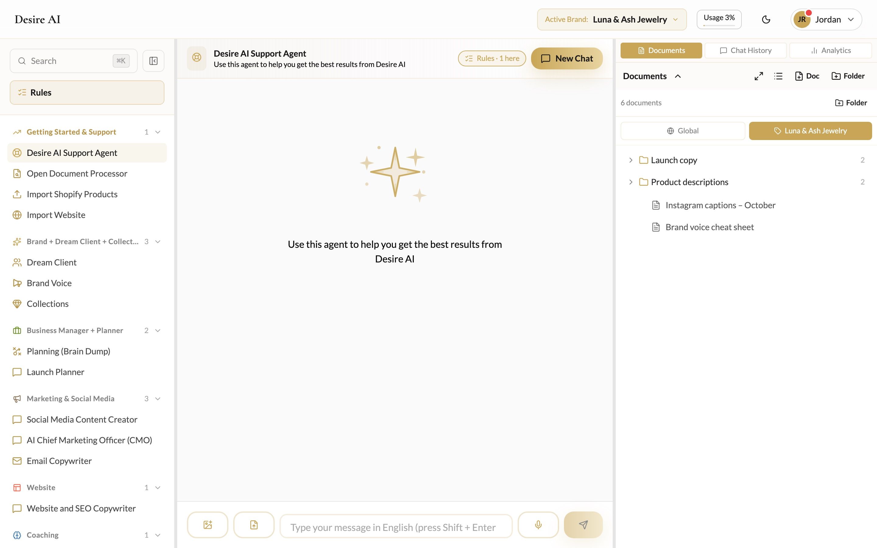 The Desire AI workspace with the assistant list on the left, the chat in the middle and Documents on the right
