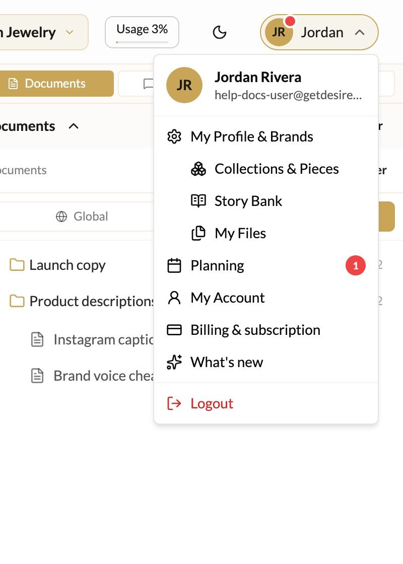 The account menu open, showing My Profile & Brands, Planning, My Account, Billing & subscription and What's new