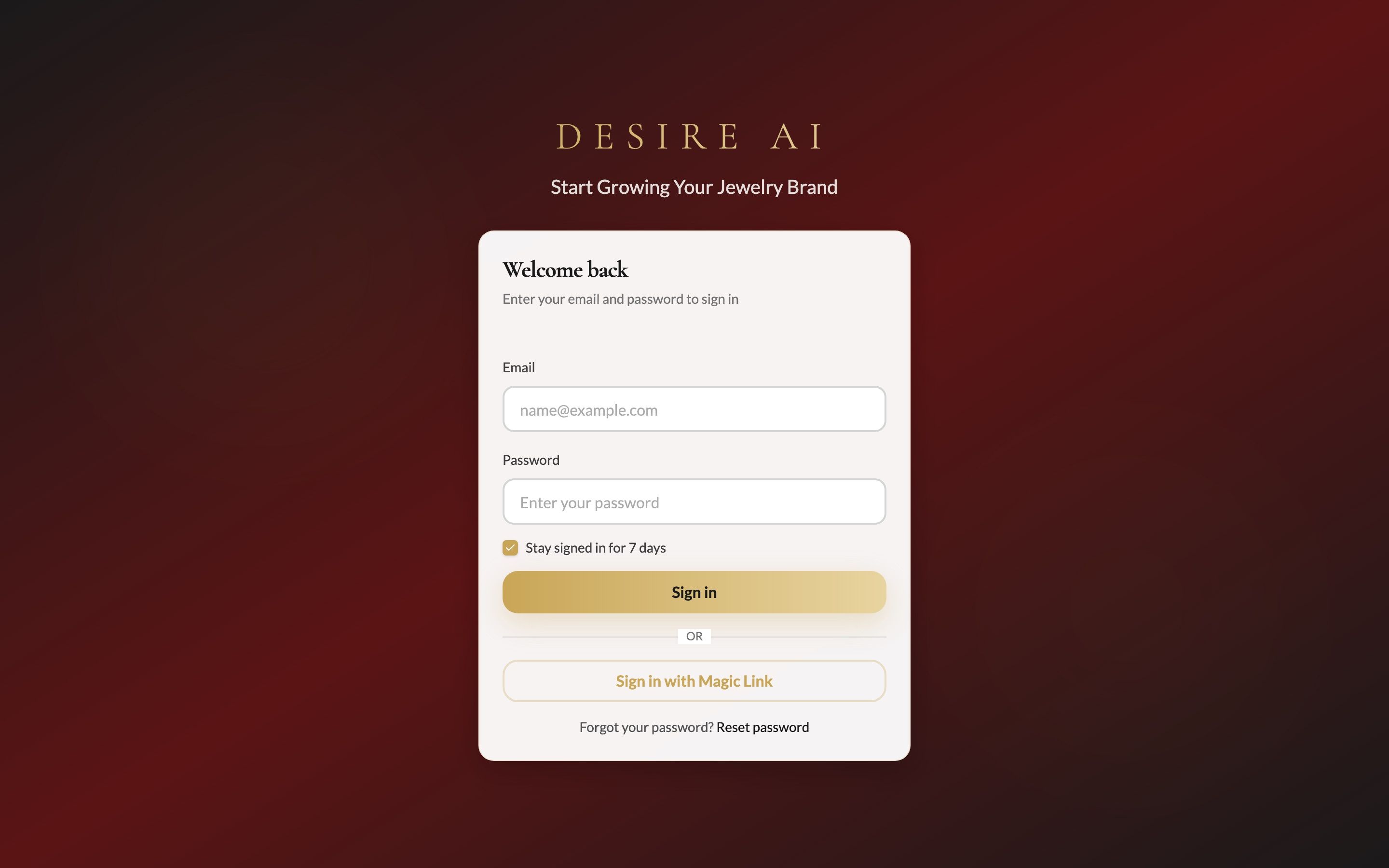 The Desire AI sign-in page