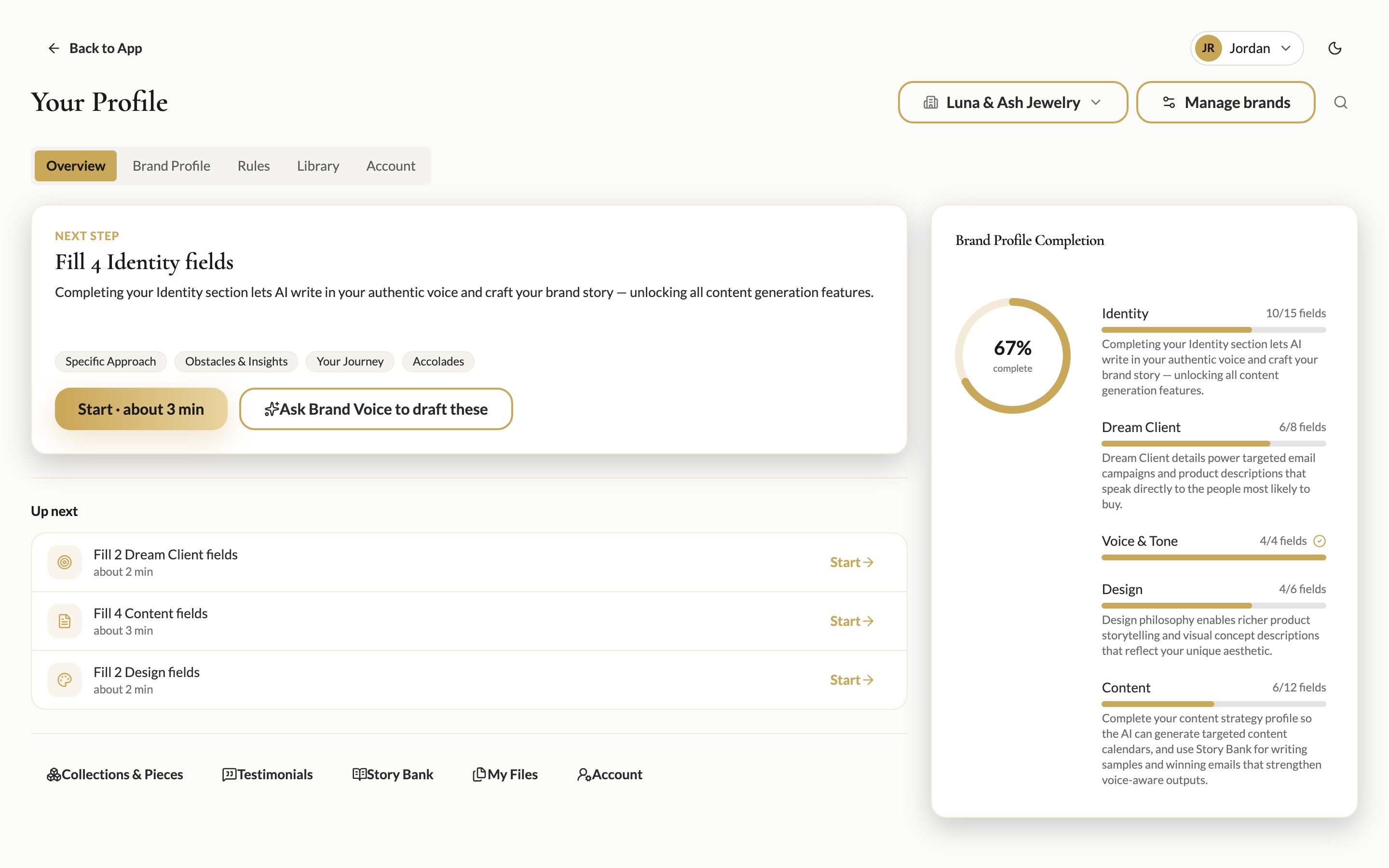 The profile Overview tab with the Next step card and the Brand Profile Completion ring
