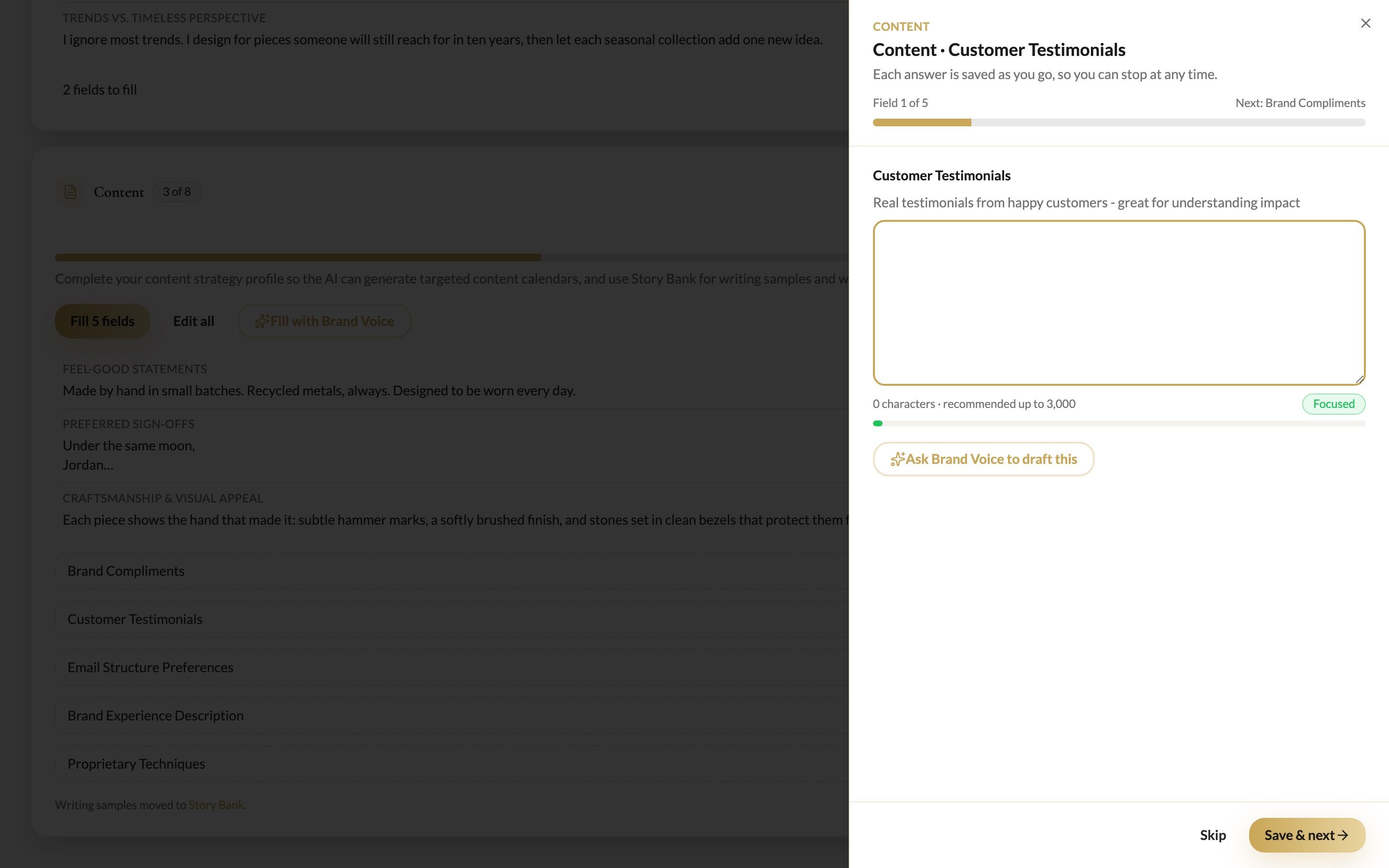 The one-field-at-a-time editor open on a brand profile field