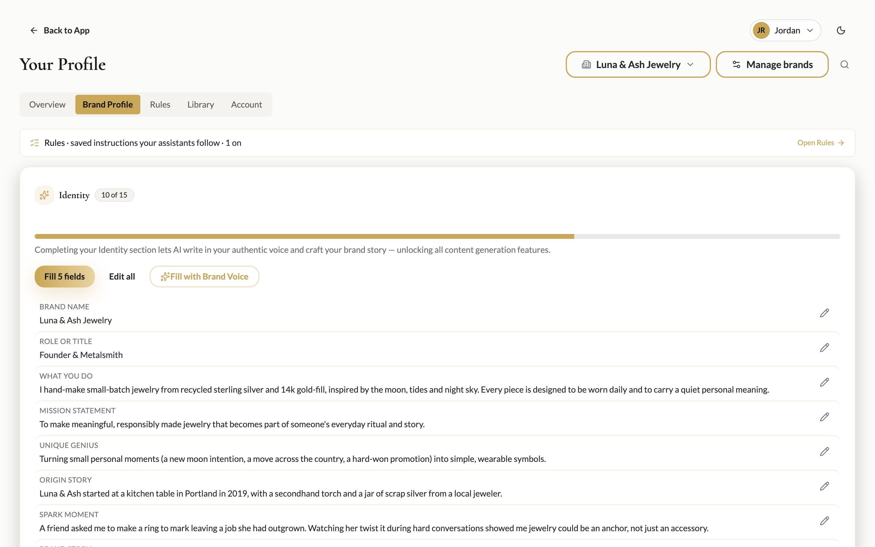 The Brand Profile tab listing Identity fields
