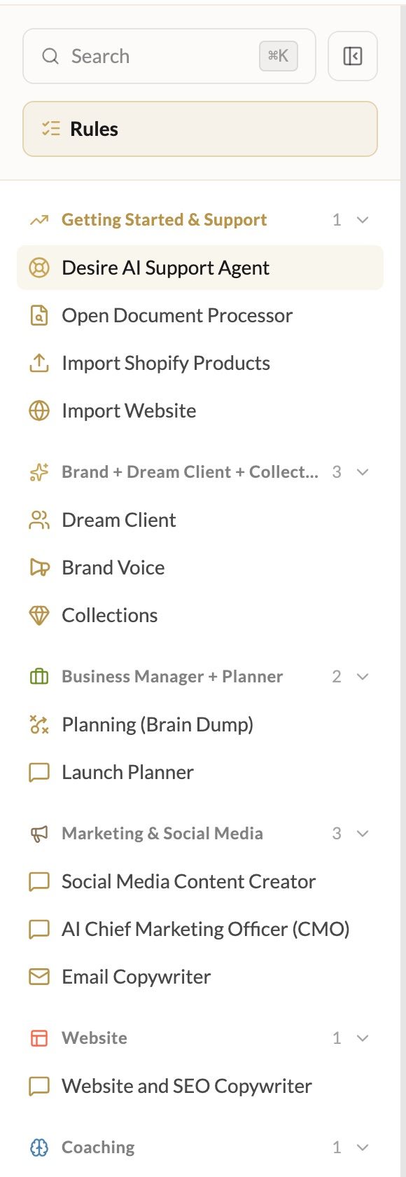 The assistant list in the left sidebar