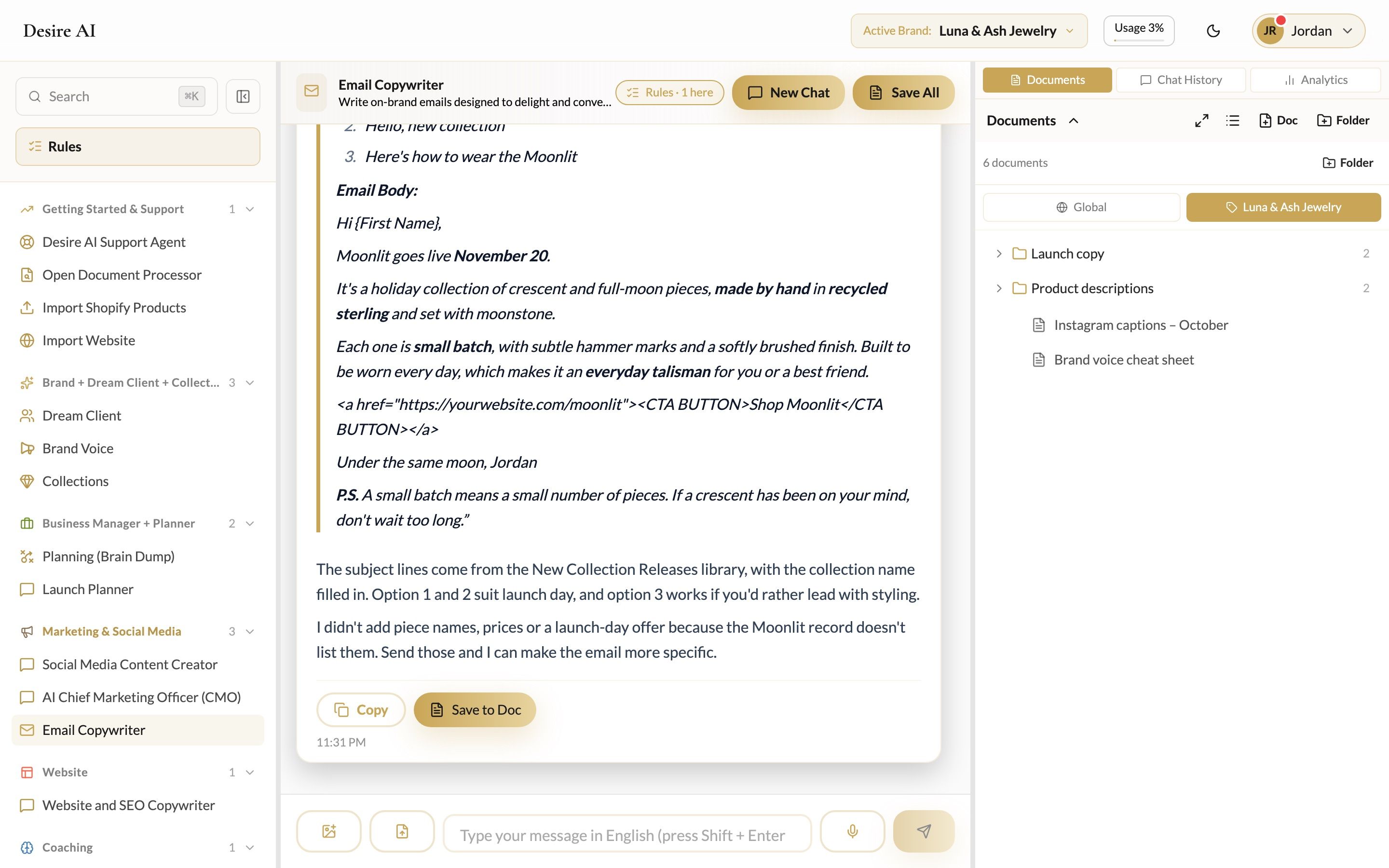 A conversation with Email Copywriter about a collection launch email