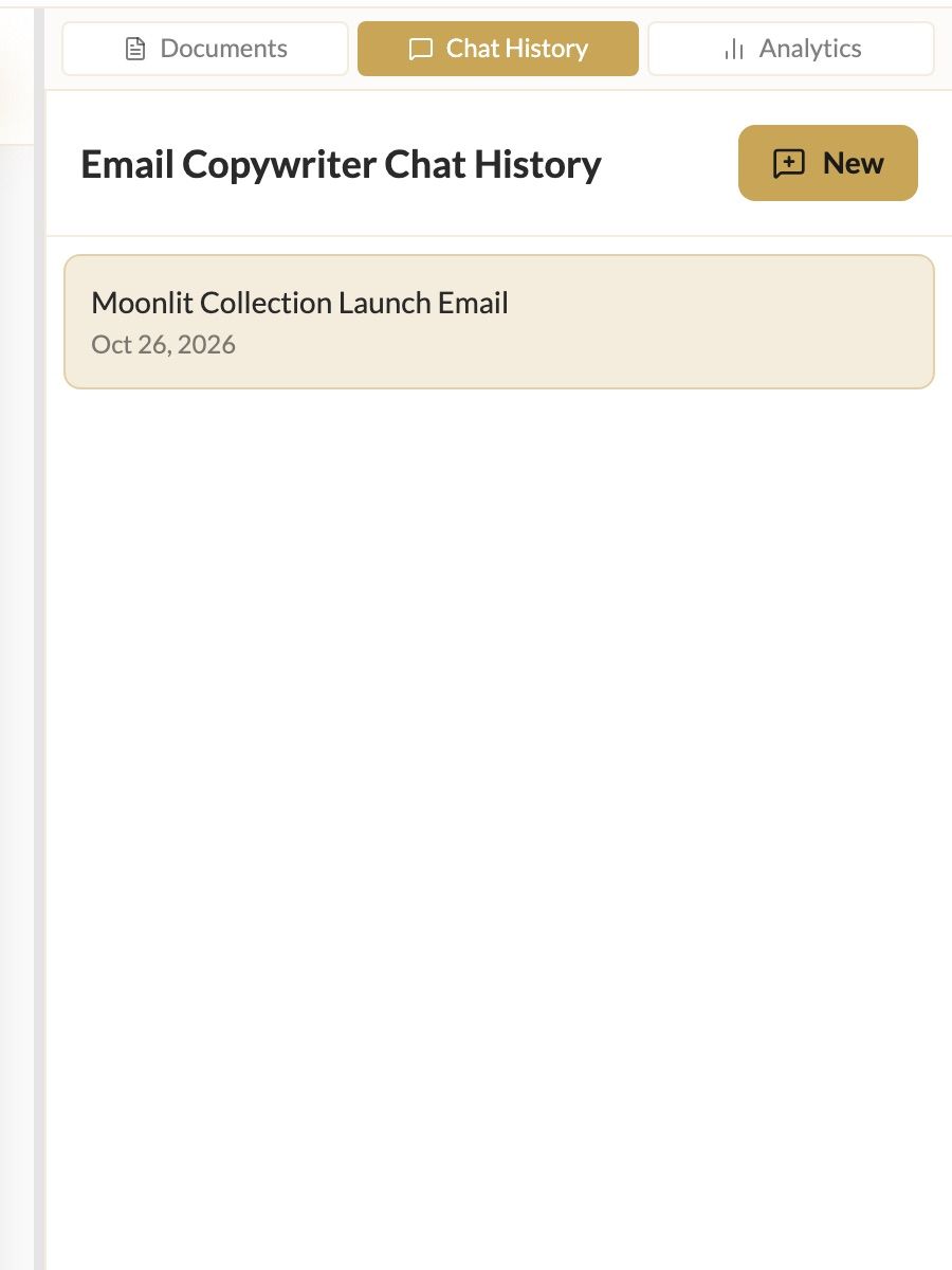 Email Copywriter Chat History listing a saved conversation
