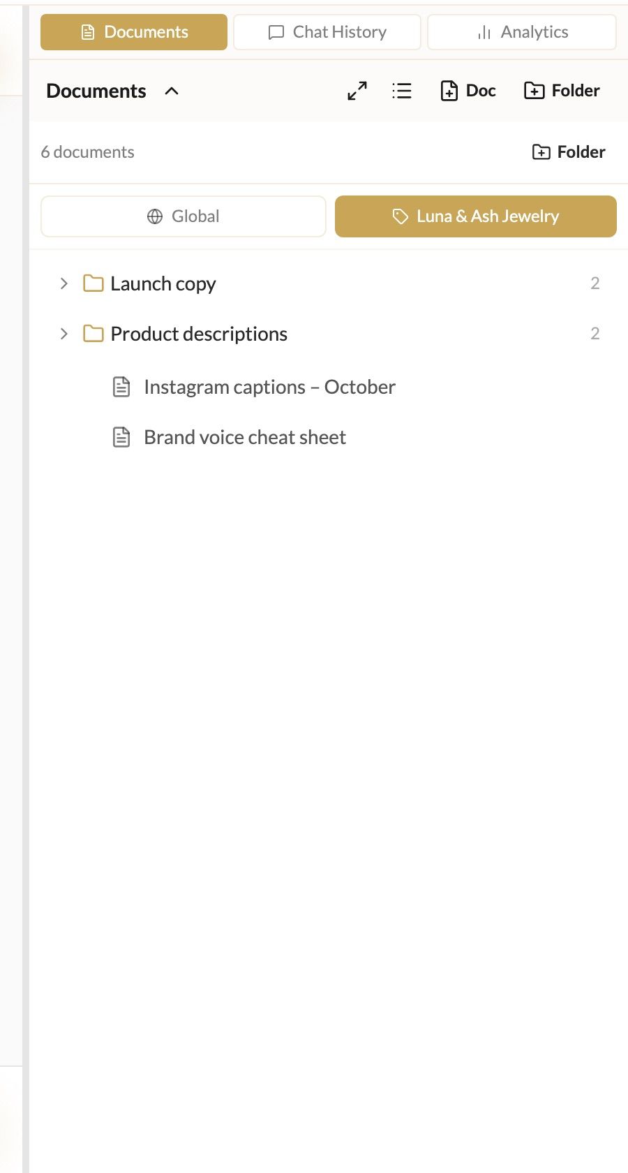 The Documents panel with folders and documents