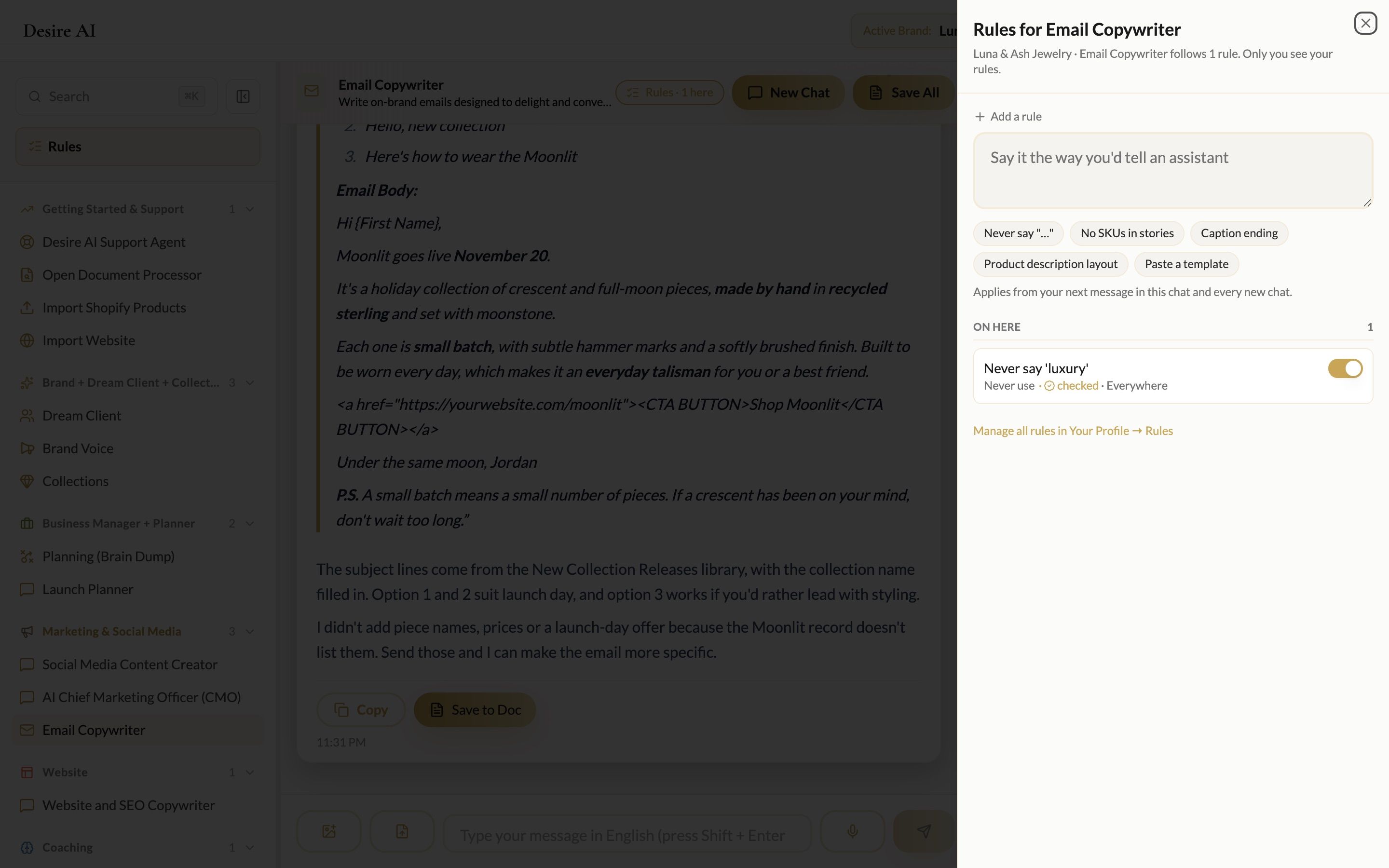 The Rules panel opened from the chat header