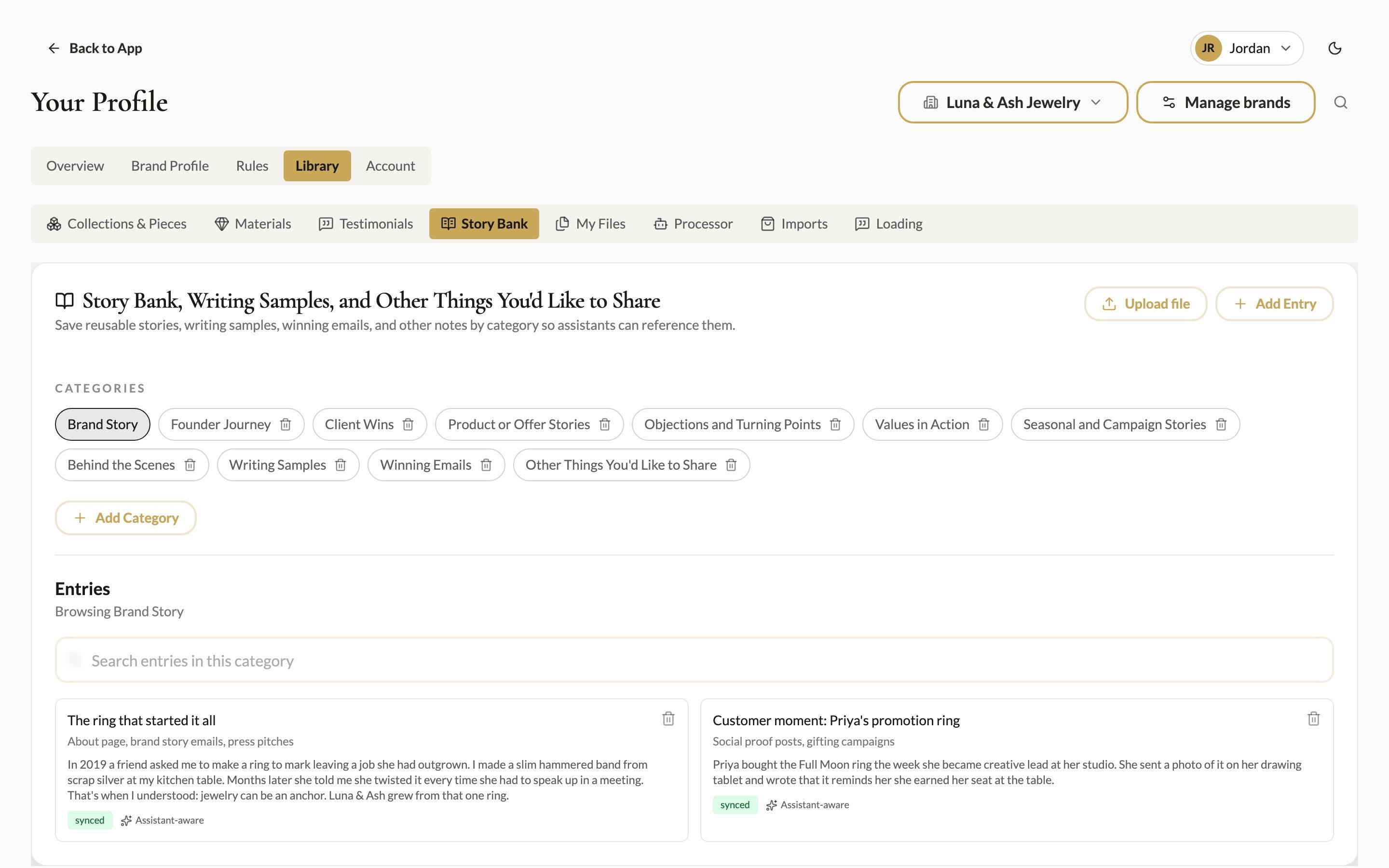 The Story Bank with categories and entries