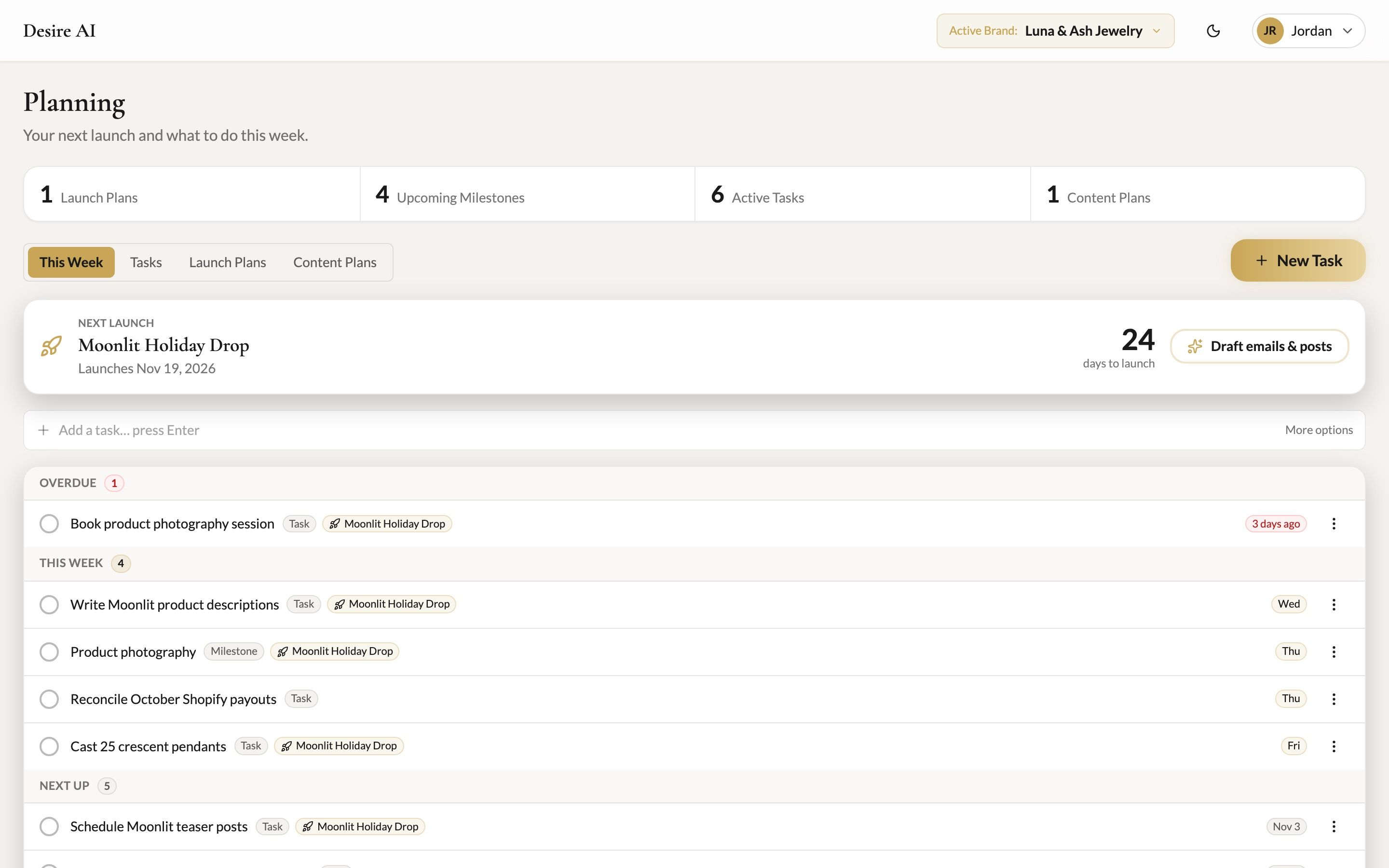 Planning, This Week tab, showing the next launch and tasks grouped by Overdue, This Week and Next Up