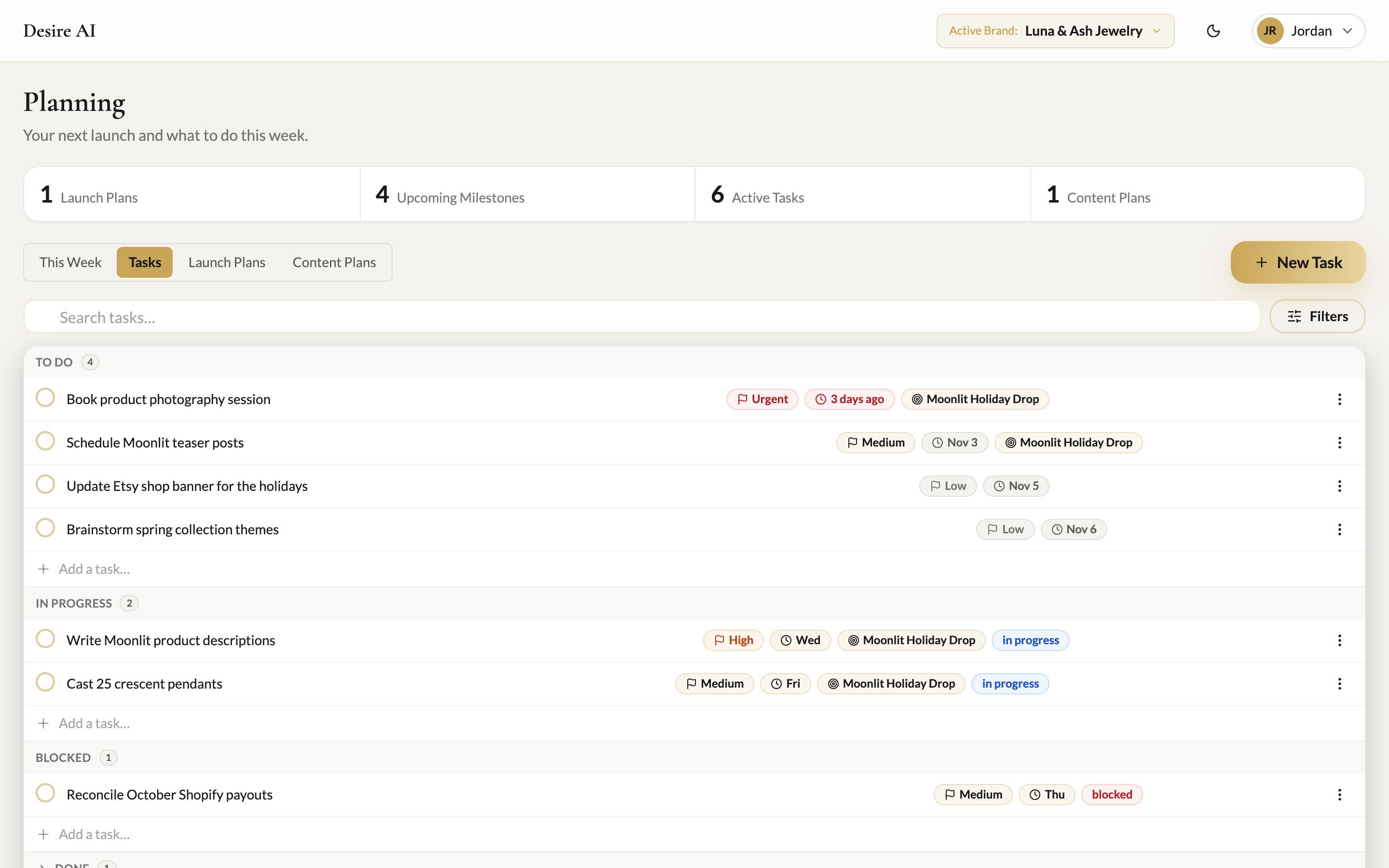 The Tasks tab
