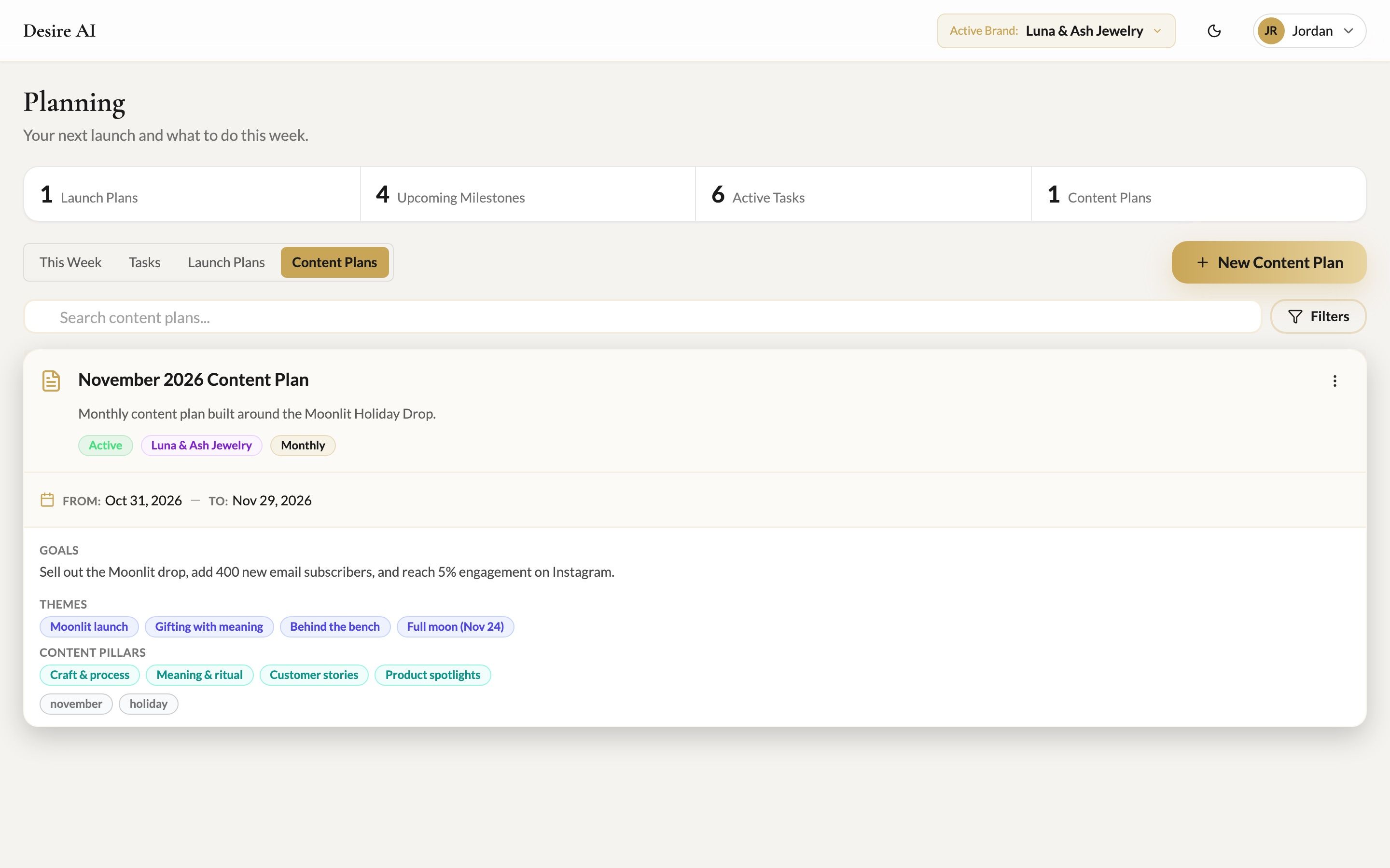 A monthly content plan with goals, themes and pillars