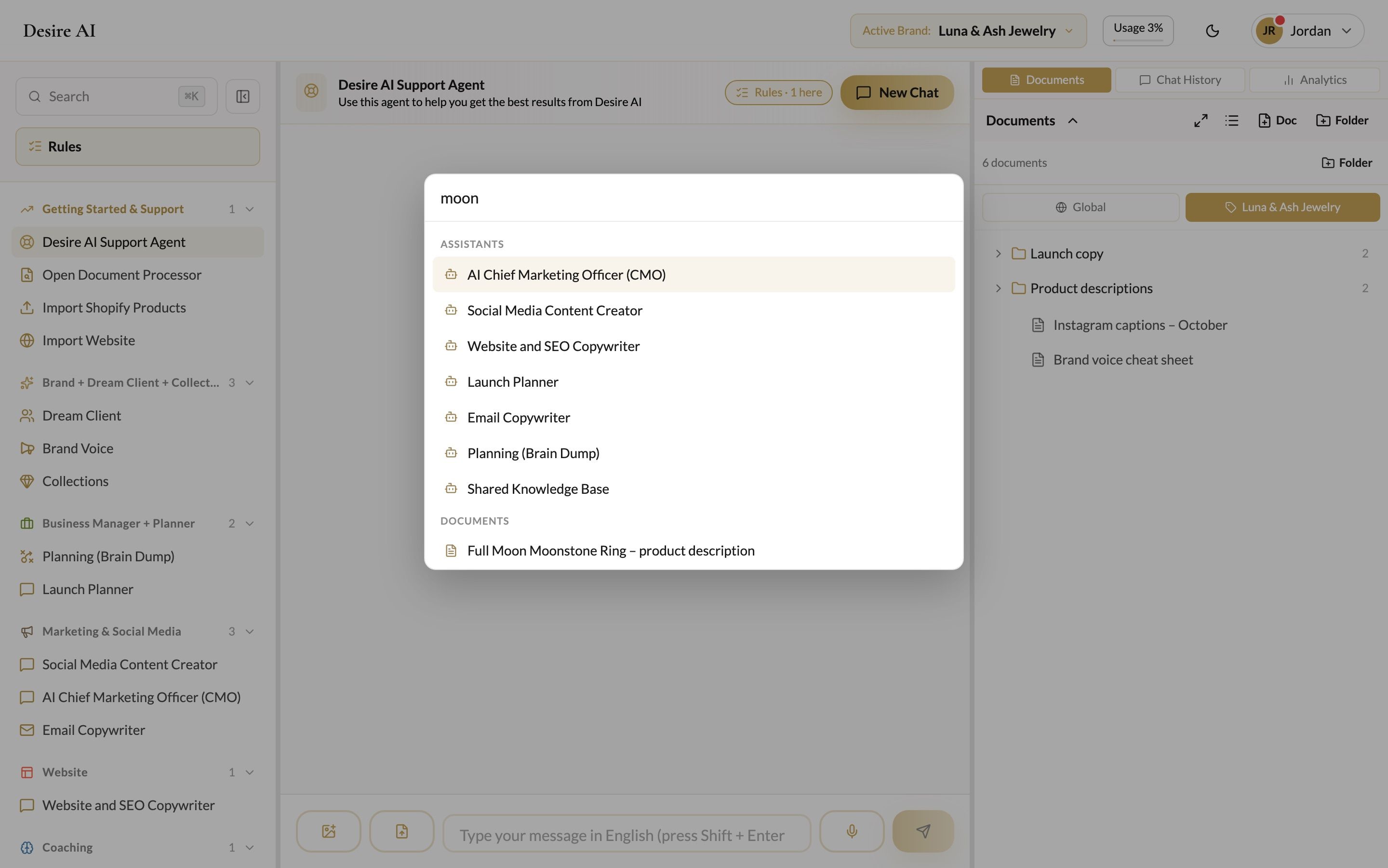Search results for the word moon across assistants, chats and documents