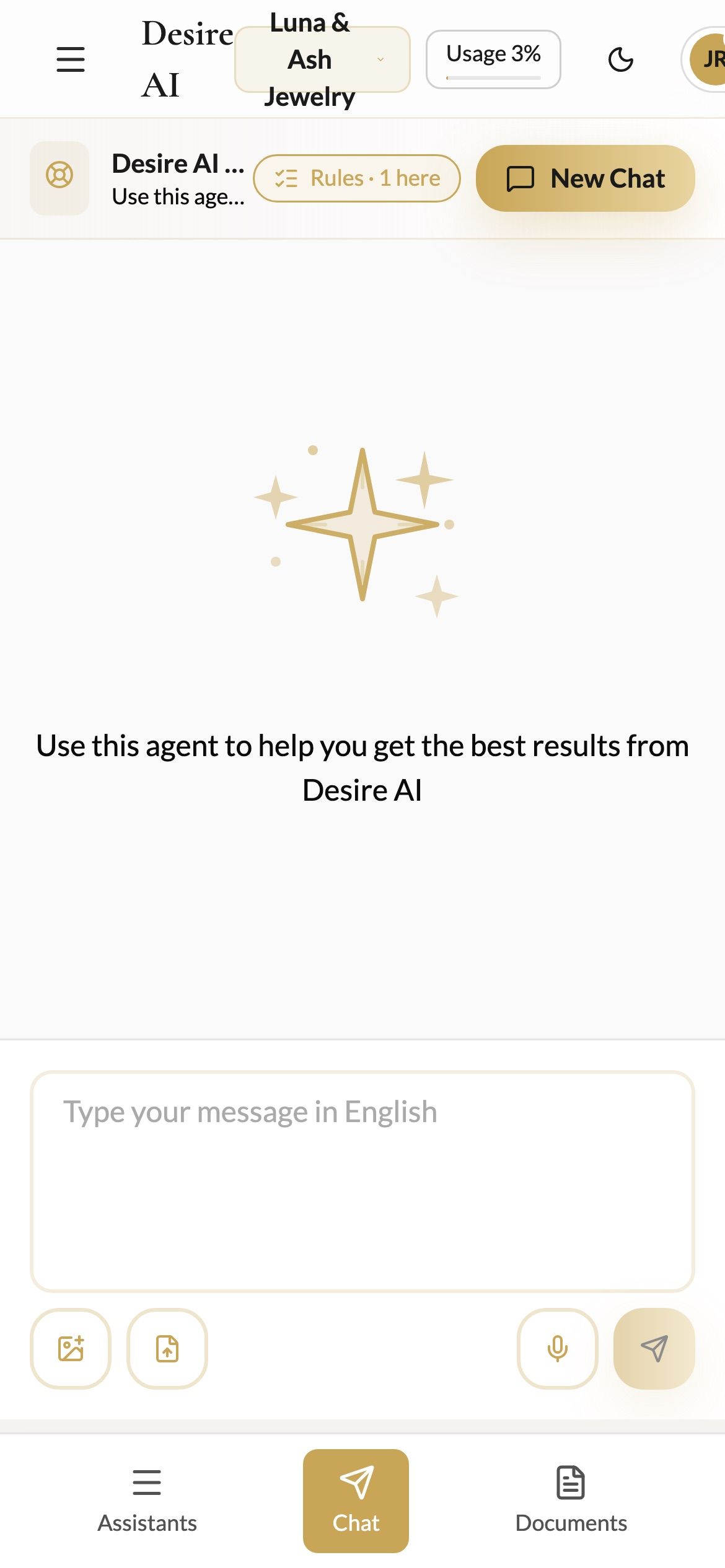 Desire AI on a phone with the bottom bar showing Assistants, Chat and Documents