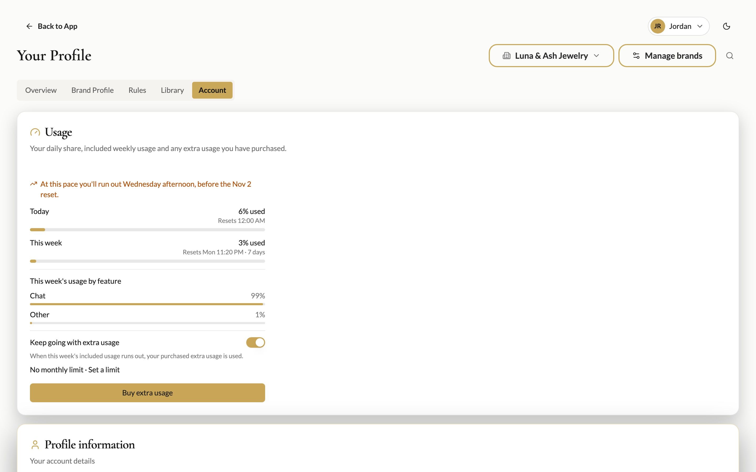 The Account tab with Usage, Profile information, Password, Language, Timezone and Currency