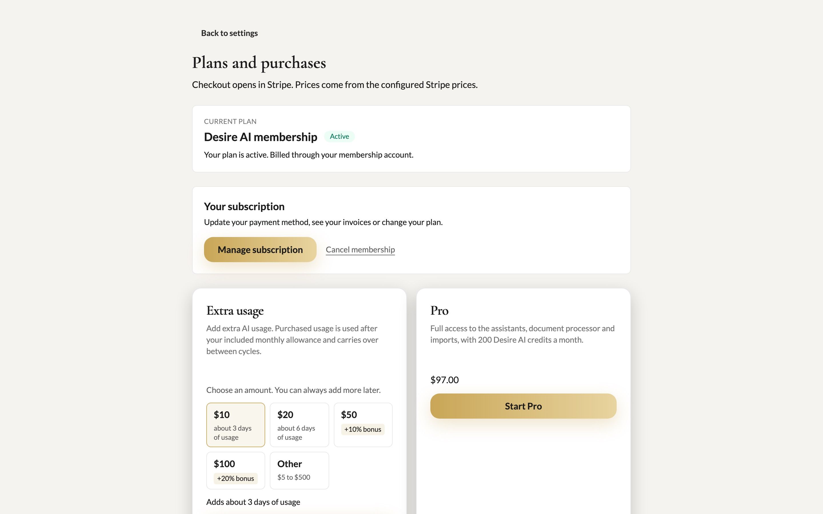 The Plans and purchases page showing the current plan and Manage subscription